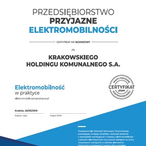certyfikat_KHK.jpg, Kraków – miasto przyjazne elektromobilności